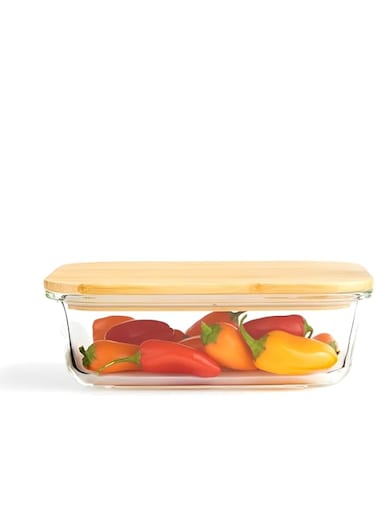 Blackstone Borosilicate Glass Food Storage Container with Wooden Lid &amp; Silicone Removable Seal BGC54 (1520 ML)