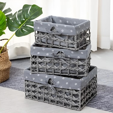Set of 3 Eco-Friendly Handwoven Storage Baskets &ndash; Durable Woven Bins with Sturdy Plastic Frame and Removable Liners for Toys, Books, and Toiletries &ndash; Decorative and Versatile Home Organization - Grey