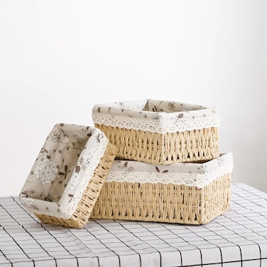 مجموعة من 3 سلال تخزين منسوجة صديقة للبيئة - صناديق مستطيلة متينة بإطار بلاستيكي قوي وبطانة قماشية قابلة للإزالة، مثالية لتنظيم الأغراض الصغيرة، الألعاب، الكتب، أدوات التجميل، وأكثر - بيج