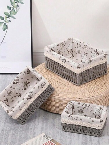 مجموعة من 3 سلال تخزين منسوجة صديقة للبيئة - صناديق مستطيلة متينة بإطار بلاستيكي قوي وبطانة قماشية قابلة للإزالة، مثالية لتنظيم الأغراض الصغيرة، الألعاب، الكتب، أدوات التجميل، وأكثر - رمادي