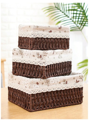مجموعة من 3 سلال تخزين منسوجة صديقة للبيئة - صناديق مستطيلة متينة بإطار بلاستيكي قوي وبطانة قماشية قابلة للإزالة، مثالية لتنظيم الأغراض الصغيرة، الألعاب، الكتب، أدوات التجميل، وأكثر - بني