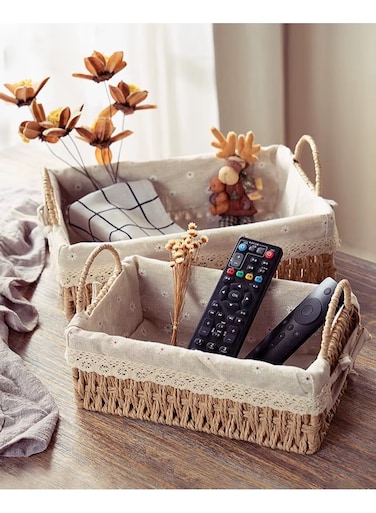 مجموعة من 2 سلال تخزين منسوجة مع مقابض - صناديق مستطيلة صديقة للبيئة بإطار قوي وبطانات قماشية قابلة للإزالة والغسل لتنظيم المنزل والأغراض في غرفة المعيشة، غرفة النوم، الحمام، وغرفة الأطفال - بيج