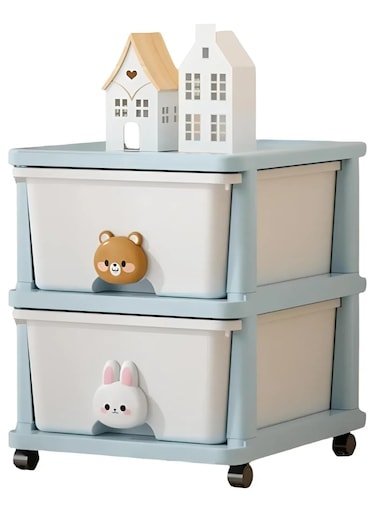 خزانة تخزين بلاستيكية متحركة بطبقتين للأطفال – منظم ألعاب وملابس للأطفال مع أدراج ومقابض على شكل حيوانات، مثالية لغرف النوم وغرف اللعب – تصميم أزرق وأبيض