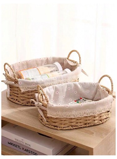 Set of 2 Eco-Friendly Oval Handwoven Storage Baskets with Handles, Durable Woven Bins with Sturdy Frame and Removable Liners for Home Organization in Living Room, Bedroom, Bathroom and Nursery-Beige