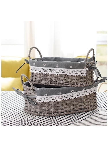 Set of 2 Eco-Friendly Oval Handwoven Storage Baskets with Handles, Durable Woven Bins with Sturdy Frame and Removable Liners for Home Organization in Living Room, Bedroom, Bathroom and Nursery-Grey