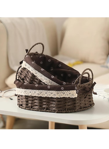 Set of 2 Eco-Friendly Oval Handwoven Storage Baskets with Handles, Durable Woven Bins with Sturdy Frame and Removable Liners for Home Organization in Living Room, Bedroom, Bathroom and Nursery-Brown