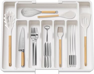 Adjustable Cutlery Storage Holder &ndash; Expandable Tableware &amp; Silverware Organizer BPA-Free Drawer Tray for Utensils, Space-Saving with Dividers for Spoons, Forks, Knives, White