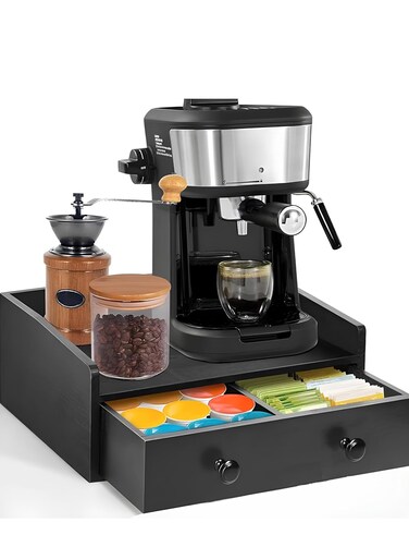 Coffee Station Organizer with K-Cup Storage Drawer, Coffee Maker Stand &amp; Accessory Compartments, Sleek Black Wooden Design for Kitchen or Office Countertop, Stylish and Space-Saving Coffee Organizer