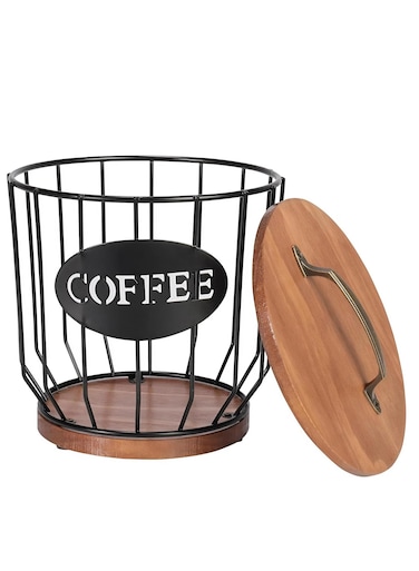 Coffee Pod Holder with Wooden Lid and Base &ndash; Black Metal Coffee Capsule Organizer Basket &ndash; K-Cup Storage for Kitchen Counter &ndash; Stylish Coffee Pod Organizer with Antique-Style Handle