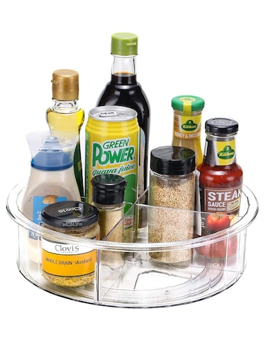 360 Degree Rotating Lazy Susan Turntable Organizer with Adjustable Dividers Transparent BPA Free Plastic Storage for Kitchen Pantry Cabinet Fridge Countertop Makeup and Spice Rack Organization