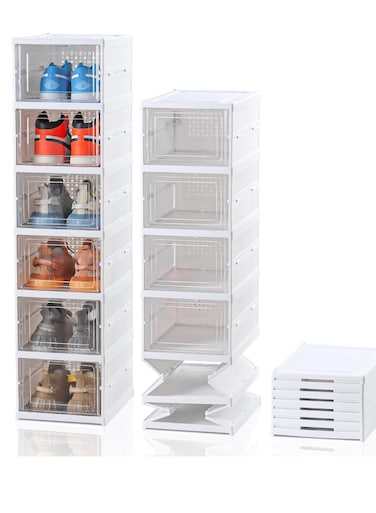 Foldable 6-Tier Clear Plastic Shoe Rack Organizer with Doors, Premium Space-Saving, Durable, No-Assembly, Expandable, Portable Transparent Shoe Storage Cabinet for Home, Entryway, Living Room or Dorm