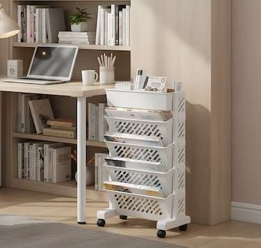 5-Tier Bookshelf Storage Cart with Wheels Multi-Functional Movable Book Storage Organizer, Narrow Space saving Utility Shelf for Home Office Dorm and Classroom