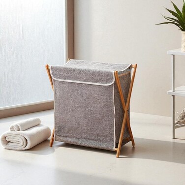 67L Bamboo Laundry Basket with Cover for Dirty Clothes Hamper Storage Organizer Portable Foldable Freestanding Toilet Sorter Cart for Bathroom and Bedroom Towels Blankets Grey