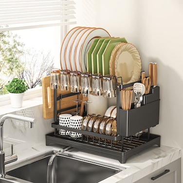 2-Tier Dish Drying Rack with Knife Stand. Removable Plastic Drainer Tray with Adjustable Swivel Spout Cutlery Holder for Household Kitchen Black