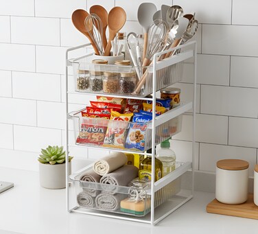 3 Tier Under Sink Organizer with Pull Out Drawers Metal Frame Storage Rack for Kitchen Bathroom Cabinet Cleaning Supplies Pantry Organizer Space Saving Shelf
