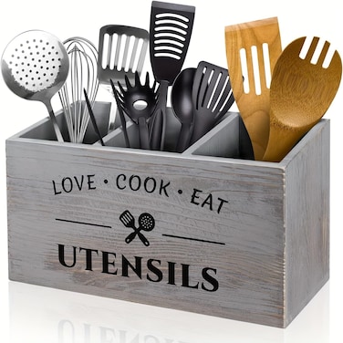 حامل أدوات المطبخ الخشبي باللون الرمادي, منظم مطبخ ريفي 3 أقسام مصنوع من الخشب القوي للشوك والملاعق والملاعق الخشبية, منظم أدوات على الطاولة بتصميم مزرعة لأدوات المطبخ والطهي
