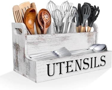 Rustic Wooden Utensil Holder with 4 Compartments Large Farmhouse Kitchen Organizer for Spoons Spatulas Jars Paulownia Wood Countertop Caddy with Side Handles Vintage Style