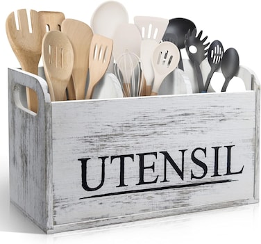 Rustic Wooden Utensil Holder with 3 Compartments, Large Countertop Kitchen Utensil Crock for Spatulas, Spoons, Whisks, Farmhouse Style Organizer with Removable Cover, Easy to Clean &amp; Drain