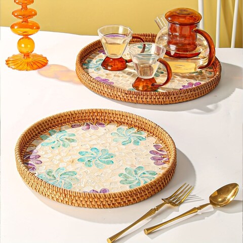 Buy Handmade Rattan Tray Set of with Mother-of-Pearl Inlay