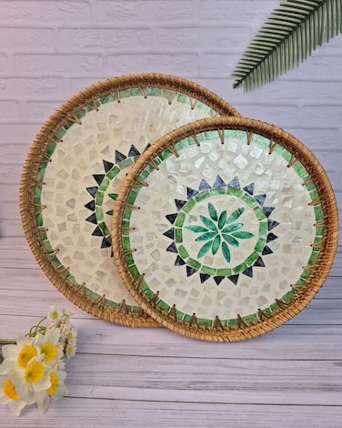 Handmade Rattan Tray Set of 2 with Mother-of-Pearl Inlay, Round Boho Decorative Trays for Serving, Coffee Table, Wall Art, Colorful Artisan Woven Home Decor Green