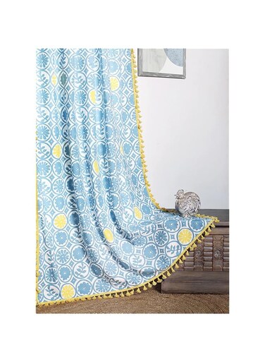Tranquebar Curtain Co. Pure Cotton curtains for Door, 60-65% Room Darkening, Bohemian Tasseled, Geometric Print (Anya: Blue &amp; Yellow) -7 Feet, 1 Piece (Length 213 cm) - with Back Tab