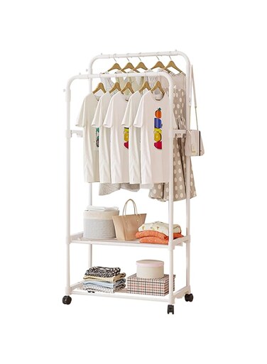 Beauenty Clothes Rack, Clothes Drying Stand, Coat Rack, Sturdy Rolling Clothing Rack with Wheels, Multifunctional Metal Garment Rack with 2-Tier Shelf, 60cm White