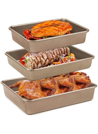 Arabest Deep Baking Pans Set, 3pcs Durable Food Grade Carbon Steel Cake Pan, Non-stick Rectangle Oven Tray Baking Sheet Set, Sheet Cake Pan for Homemade Cakes, Breads (Rose Gold, 22.5, 28, 32cm)