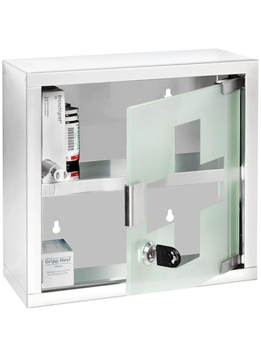 Wenko Stainless Steel Lockable Chest Medicine Cabinet, Silver Shiny, 12 X 25 X 25 cm