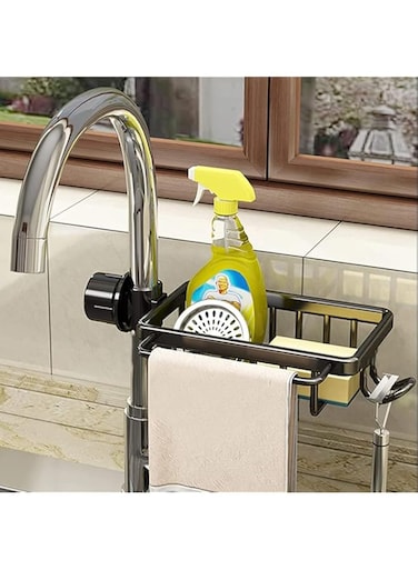 Stainless Steel Kitchen Faucet Sponge Holder Kitchen Sink Caddy Organizer Over Faucet Hanging Faucet Drain Rack for Sink Organizer Bottle Brush Storage Sponge Holder (Single with Dishcloth Rack)