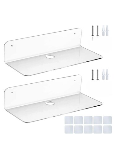 2Pcs Acrylic Floating Wall Shelf Self Adhesive 9 Inch, Stick on Shelves Damage-Free Expand Wall Space, Clear Small Wall Shelf