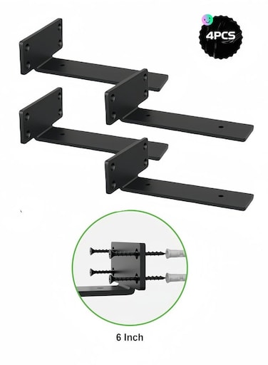 4 Pack Heavy Duty Hidden Floating Shelf Brackets Iron Metal Wall Mounted Shelf Support 6 Inch 15cm 1/5 Inch Thick Rustic Industrial Shelf Brackets for Kitchen Bathroom Storage with Mounting Screws Hardware Kit