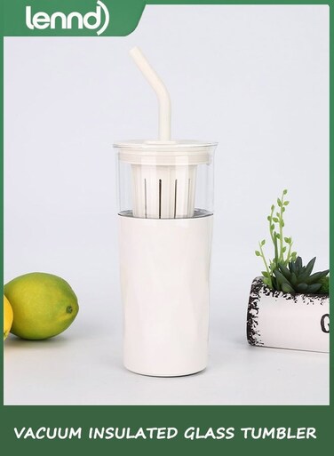 650 ml Vacuum Insulated Glass Tumbler with Lid &amp; Extra Wide Straw - Keeps Drinks Cold for 12 Hrs - Ideal for Iced Coffee, Smoothies &amp; Boba - Dishwasher Safe, Soft Base - Unbleached