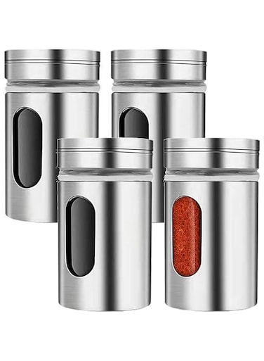 Pujito Salt and Pepper Shakers with Adjustable Pour Holes,Stainless Steel and Glass Set for Salt Powder Sugar Cinnamon Pepper (4 Pcs), SFG-1