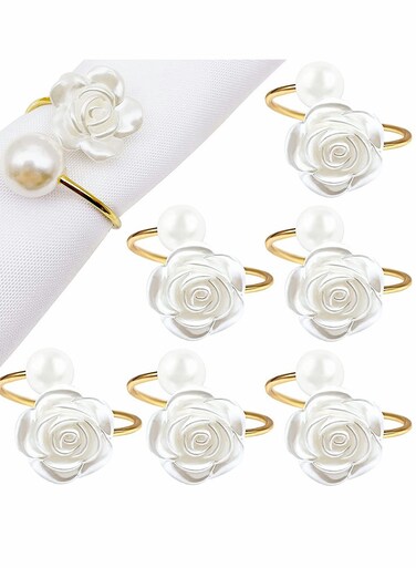 Napkin Rings, White Rose Pearl Dining Table Ring Holder, Vintage Paper Towel Rings for Valentine's Day Wedding Banquet Home Decorations (6 Pcs)