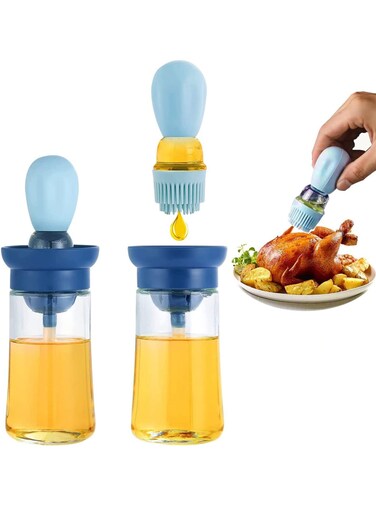 Pieces Glass Oil Bottle with Silicone Brush, 2 in 1 Olive Oil Bottle for Kitchen Cooking BBQ Grill Air Fryer Basting, Blue