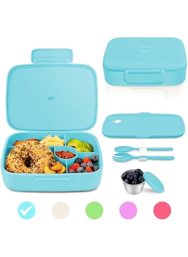 ANDMOON Bento Lunch Box with Kids/Adults, 5 Compartments Leakproof Lunch Container with Dressing Cup, Eco-Friendly Double Insulated Boxes, Dishwasher and Microwave Safe, BPA-Free (blue)