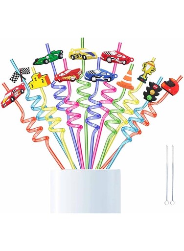 ZHIEND 12 Racecar Straws,Race Car Party Supplies,Two Fast Birthday Decorations,Cars Themed Hot Favors,For Kids With 2-Piece Cleaning Brush Set
