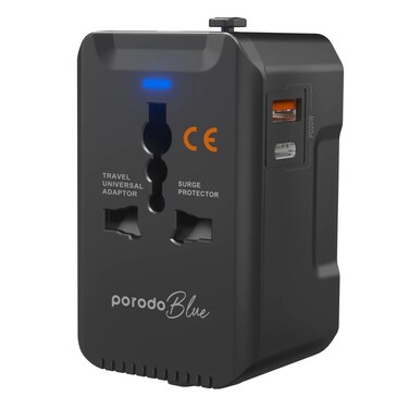 Porodo Blue Dual Port Universal Travel Charger PD 20W QC 18W with USB-C &amp; USB-A for 150+ Countries
