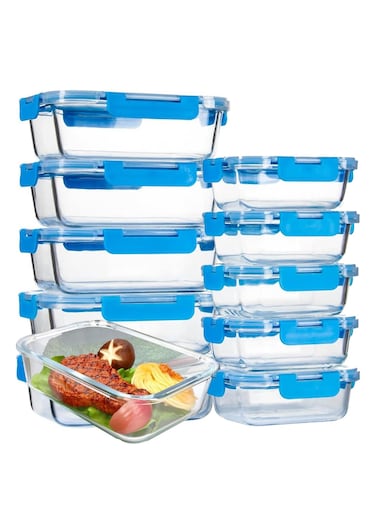 Glass Meal Prep Containers (10 pcs Rectangle) - Glass Food Storage Containers with Lids, Glass Lunch Box, Portion Control, Airtight, Glass Bento Box Lunch Containers- 10P Rectangle Dark Blue