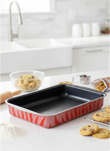 Aluminium Non-Stick Rectangular Baking Tray - 35 x 25cm - Red Flame Design for Stylish Kitchen Creations