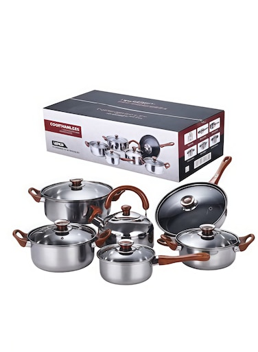 12-Piece Cookware Set, Stainless Steel Pots And Pans, Non-Stick Cooking pots, PFOA Free - Frying Pan, Casserole With Lid, Saucepan, Grill Pan, Kitchen Tools