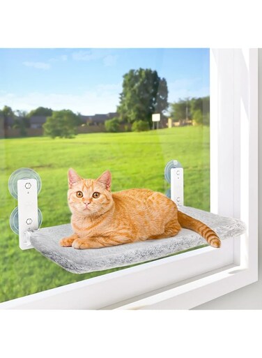 AMOSIJOY Cordless Cat Window Perch, Cat Hammock with 4 Suction Cups, Solid Metal Frame and Reversible Cover, Foldable Cat Beds for Indoor Cats