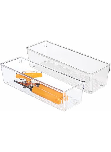 Idesign Linus Kitchen Drawer Organizer For Silverware, Spatulas, Cutlery, Gadgets, Office Supplies, Cosmetics, 4" X 12" X 3", Set Of 2, Clear