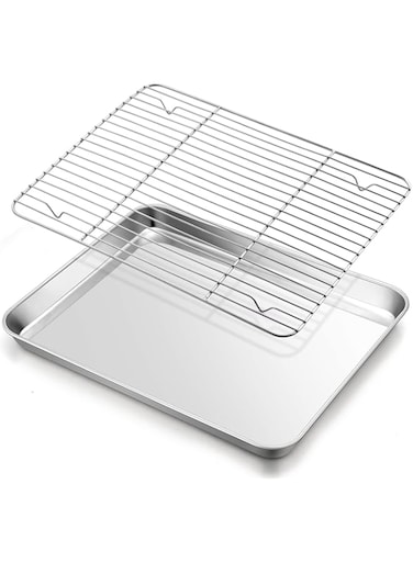 E-far Baking Sheet with Rack Set, 16&rdquo;x12&rdquo; Stainless Steel Cookie Sheet Pan for Oven, Rimmed Metal Tray with Wire Cooling Rack for Cooking Roasting Resting Bacon Meat Steak - Dishwasher Safe