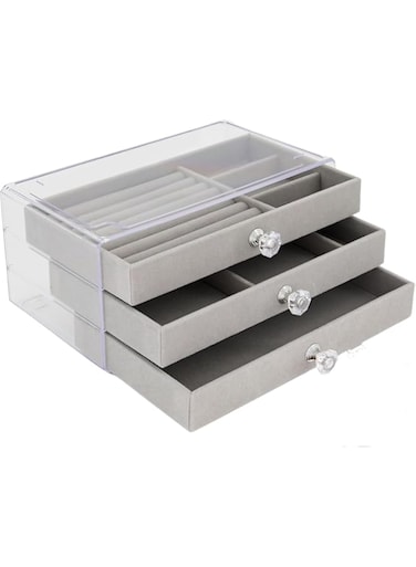 Aokraty Acrylic Jewelry Organizer Box with 3 Drawers, Clear Jewelry Boxes for Women Earring Rings Bangle Bracelet and Necklace Holder Storage Velvet Jewelry Display Case (Grey)