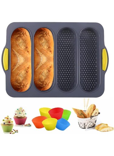 MUJUZE Bread Pans for Baking, Silicone Bread Pan with 6 Muffin Cups, French Bread Loaf Pan Nonstick &amp; Heat Resistant Silicone Baguette Pan, Sub Roll Baking Pan, Hoagie Roll Pan, Baking Pans for Bread