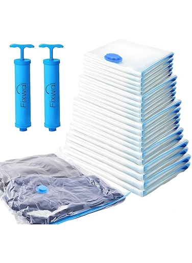 Fixwal&reg; Pack 17 Vacuum Storage Bags with 2 pumps, اكياس شفط الهواء, Sealer Bags for Clothing, Saver Bags, Sealer Bags for Clothes, Duvets, Bedding, Pillows, Blankets, Curtains, Comforters, Travel.