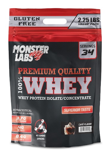 Monster Labs 100% Whey Protein 2.25 LBs (1kg) - Fast-Absorbing Isolate &amp; Concentrate Blend For Muscle Recovery (Cafe)