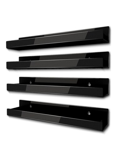 4 Pack 15 Inch Black Acrylic Shelves - Floating Bookshelf for Kids Room, Modern Nail Polish Rack, Sunglasses Essential Oil Display, Picture Ledge, Toy Storage Wall Shelf