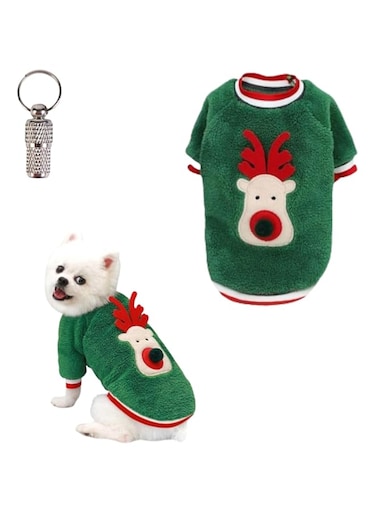 PETSARY Dog Christmas Sweater and 1 Pcs Pet Id Tag Gift - Holiday Cloth Pop Up Reindeer Flannel Elk - Breathable Costume Cat Fighting Dog Outfit - 3D Eve Pajamas Elk Designed Jumper Suit Green, Small